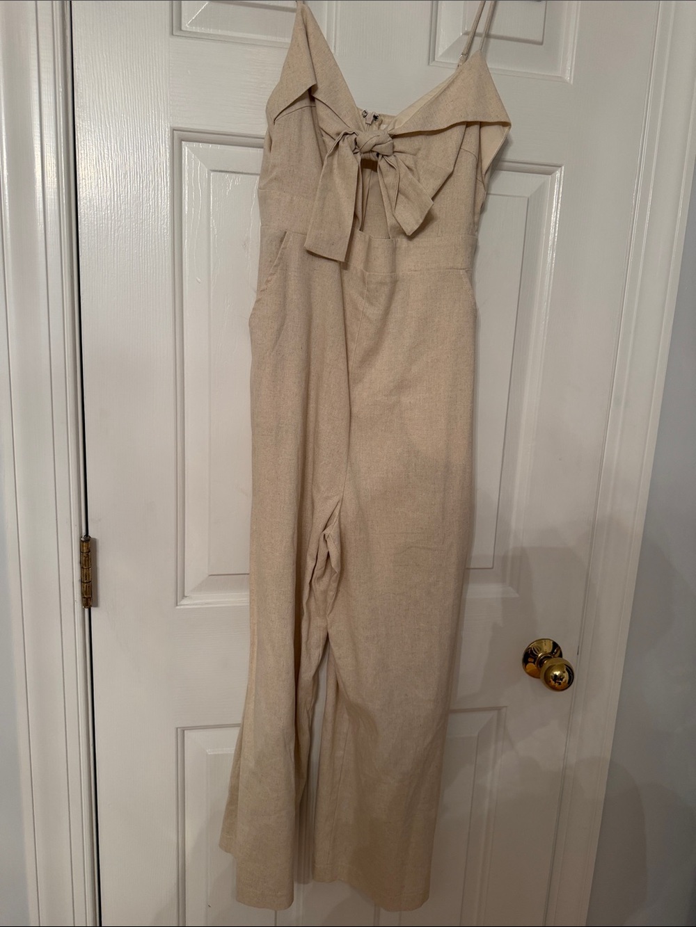 Cream Wide-Leg Linen-Blend Jumpsuit with Front Tie
